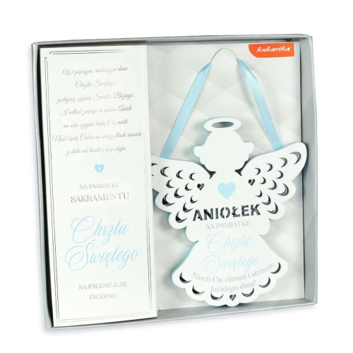 ZAWIESZKA ANIOŁ CHRZEST BIAŁO-BŁĘKITNA 14cm