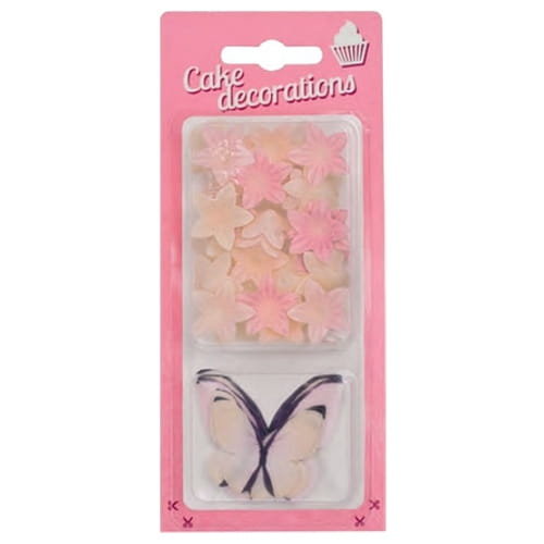 Dekoracje waflowe MOTYLKI PASTELOWE I KWIATKI OMBRE Rose Decor, zestaw