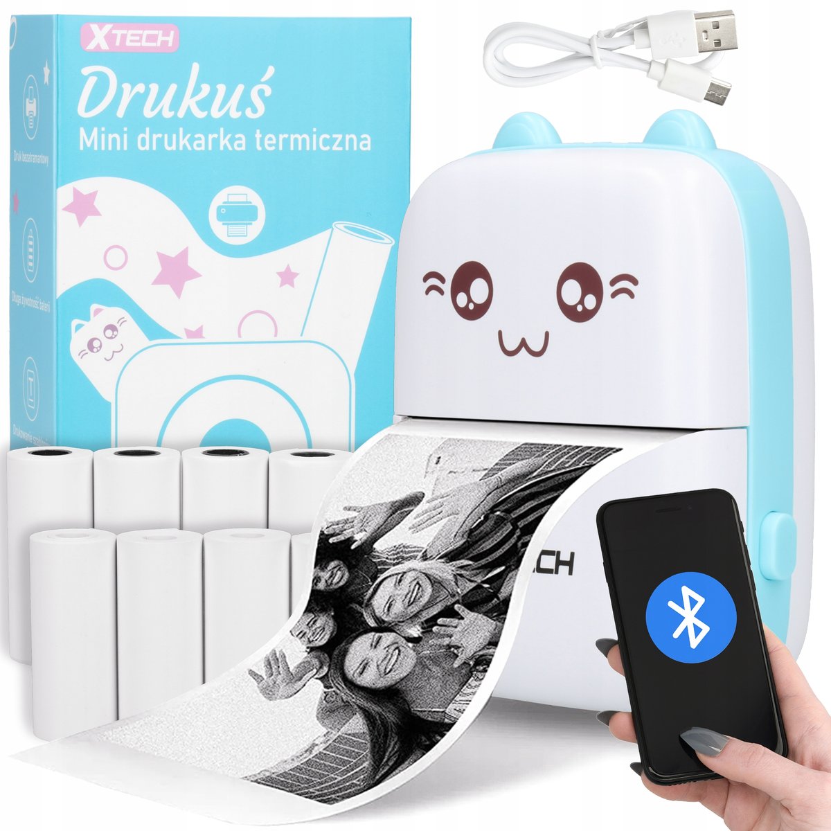DRUKUŚ MINI DRUKARKA TERMICZNA KOT NIEBIESKI XTECH + 11 ROLEK PREZENT