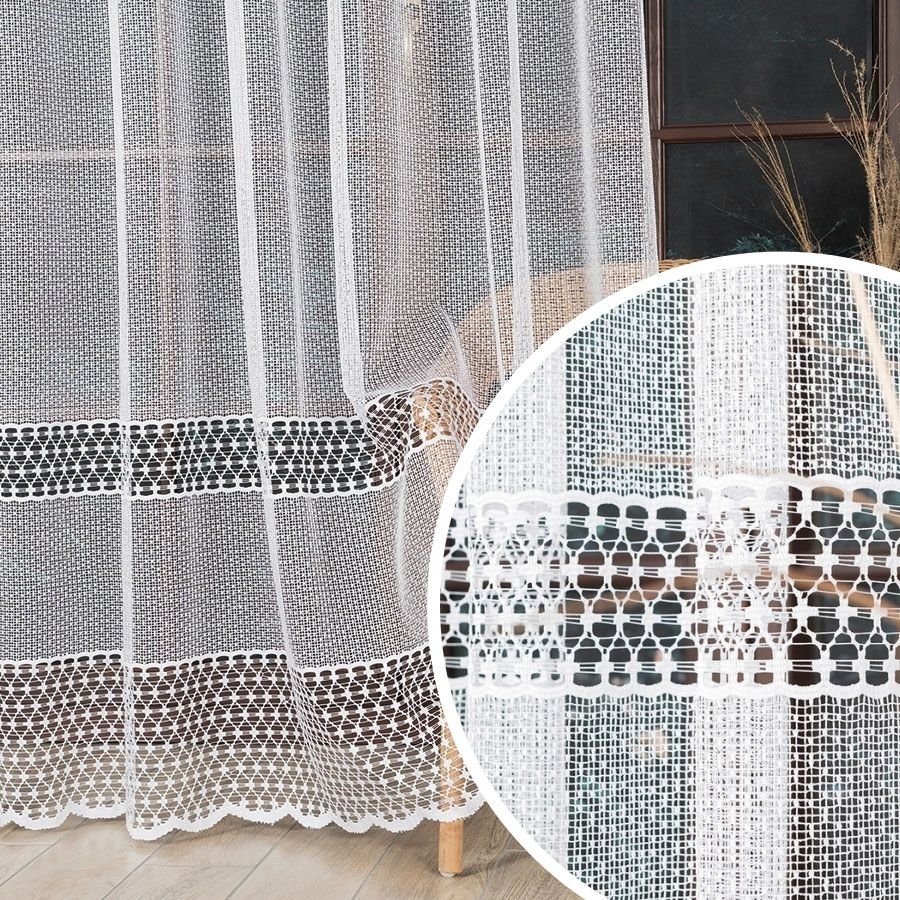 Firanka żakardowa ze wzorem pasowym, kolor biały, wysokość 230 cm, 011705 - sprzedawana na metry