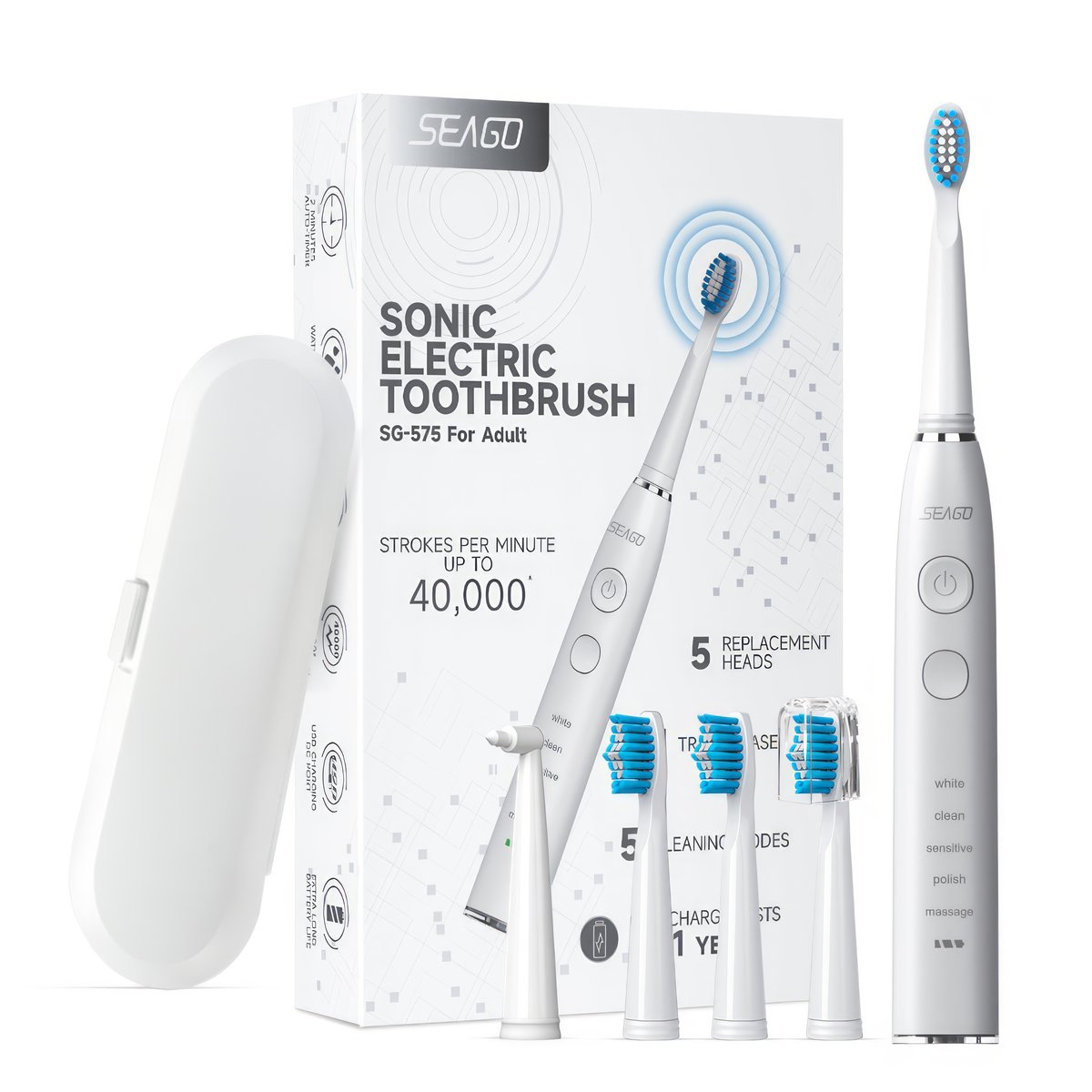 Szczoteczka soniczna elektryczna do zębów Seago SG-575 biała + ETUI + zestaw 5 wymiennych końcówek
