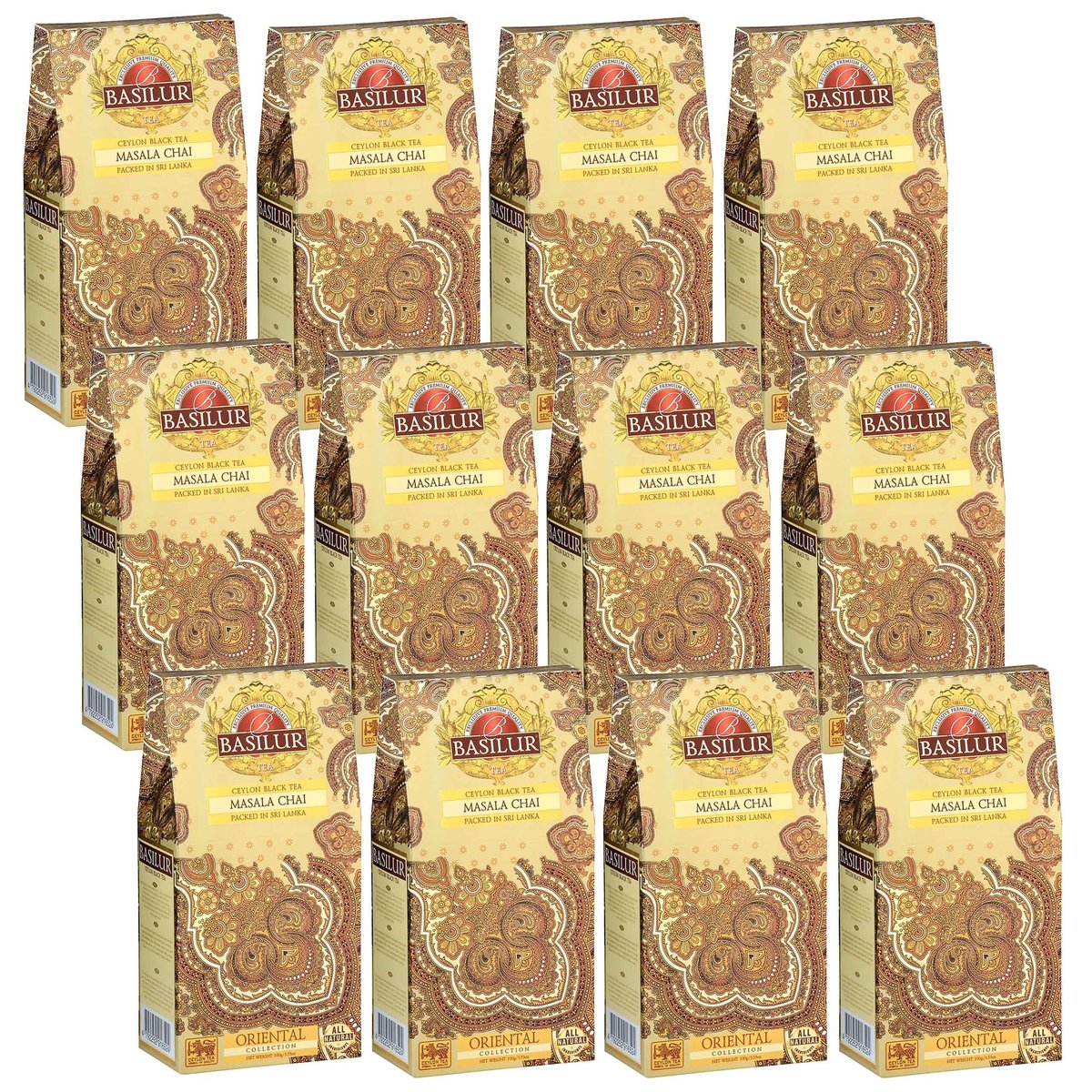 BASILUR Masala Chai - Czarna liściasta herbata cejlońska z naturalnym aromatem przypraw, 100 g x12