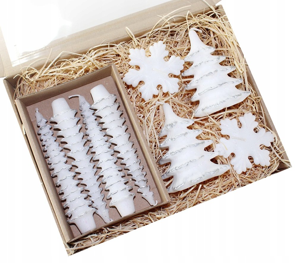 Prezent świąteczny świece choinki stroikowe srebrn