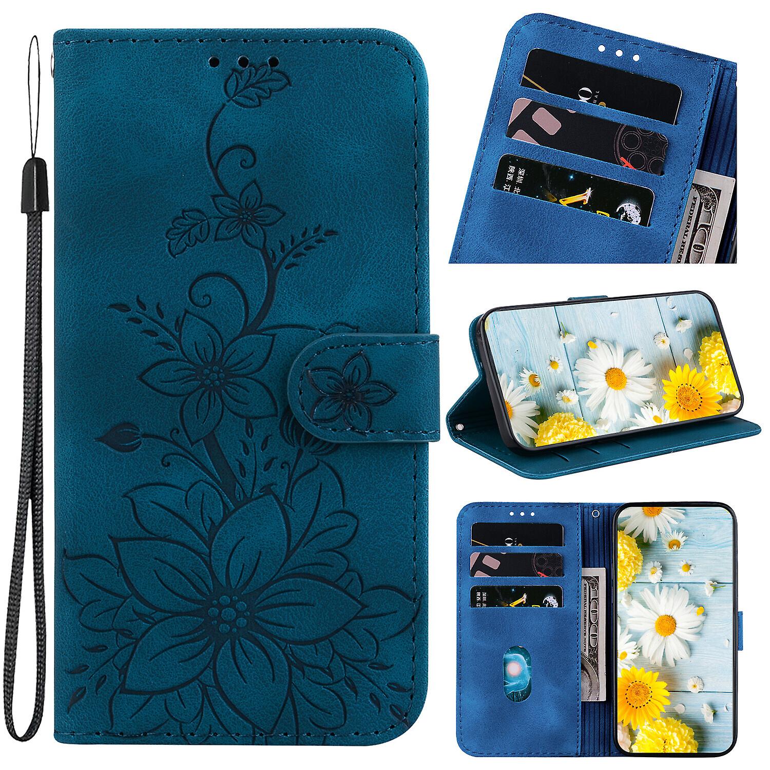 Foxdock Kompatybilny z OPPO Find X5 Lite Wytłaczane etui z portfelem Lily z uchwytem na karty Pokrowiec z klapką ze skóry PU Niebieski