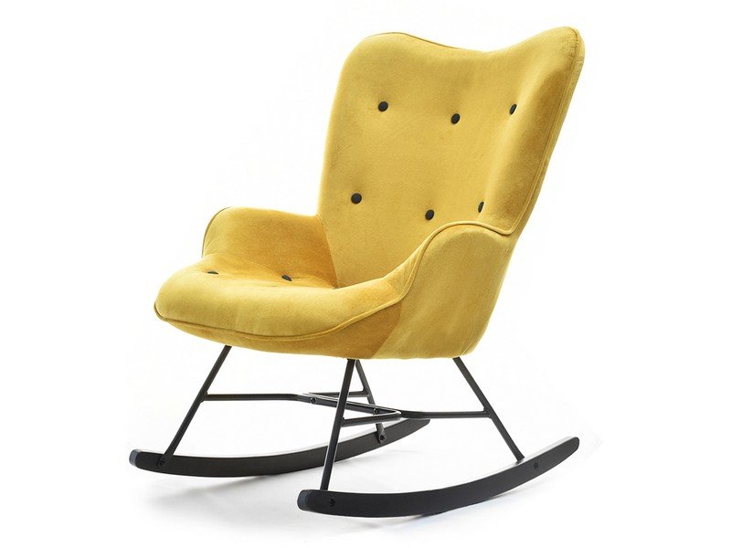 SKANDYNAWSKI FOTEL Z PIKOWANIEM NA PŁOZACH SIBIL ŻÓŁTY NOGA CZARNA