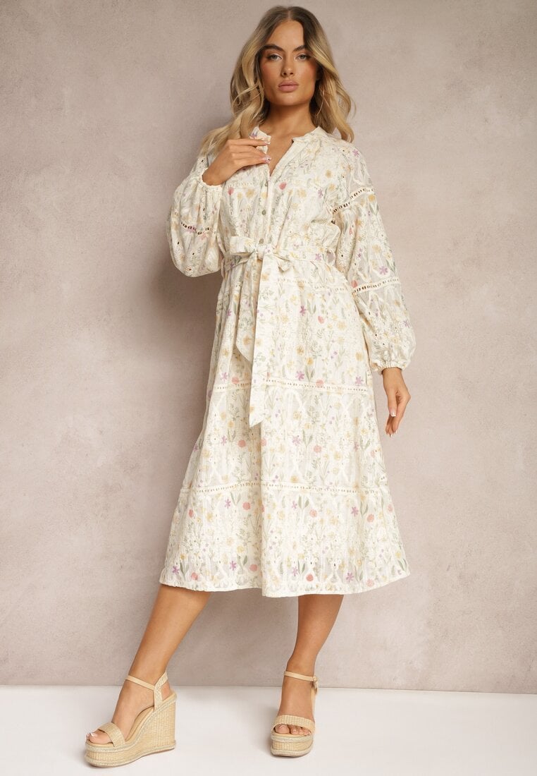 Beżowa Sukienka o Rozkloszowanym Kroju z Materiałowym Paskiem i Wzorem w Kwiaty Dimtina