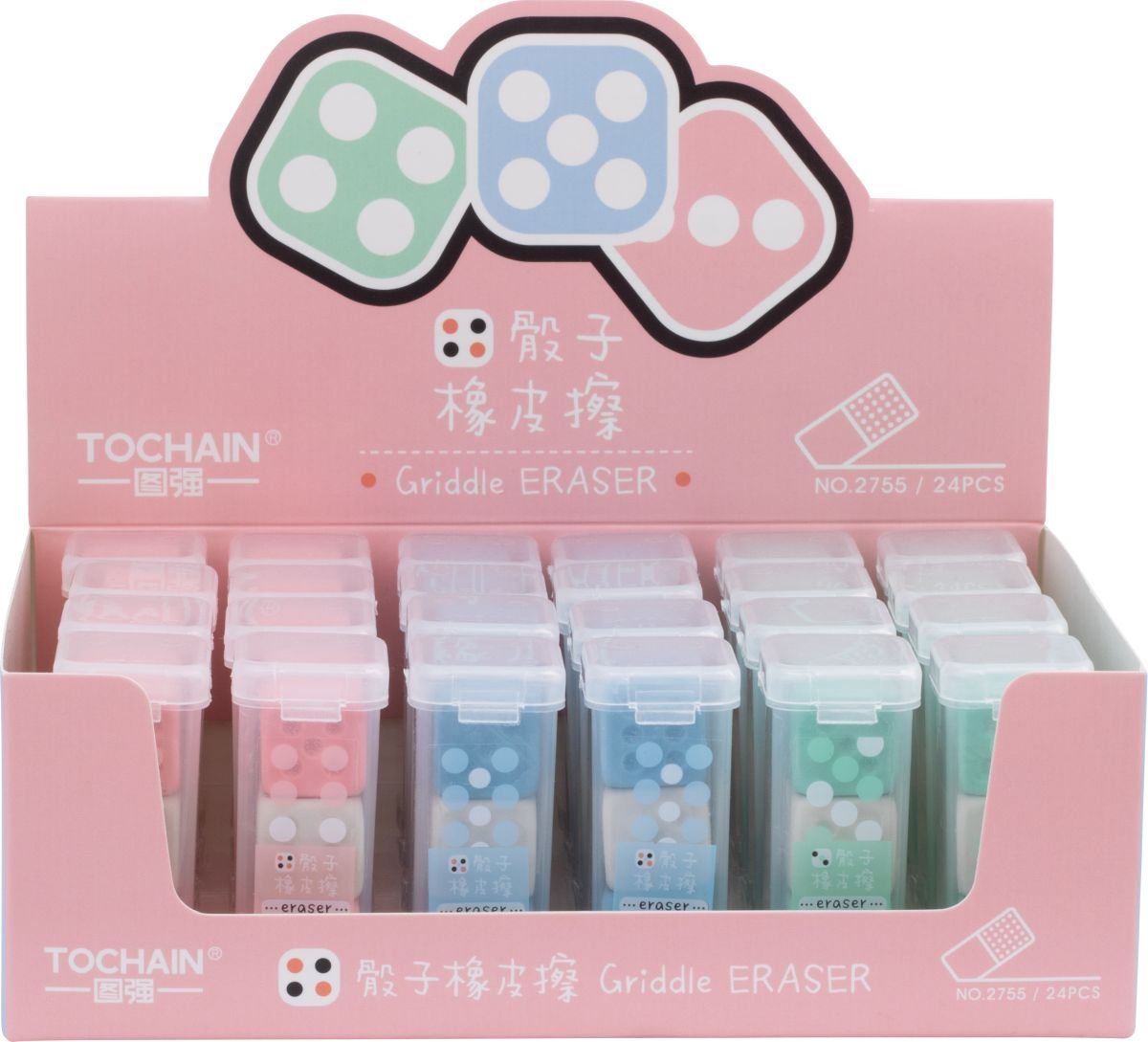 TOCHAIN, Display Gumka Do Ołówka Kostki Do Gry 3Szt. W Etui 24 Szt.