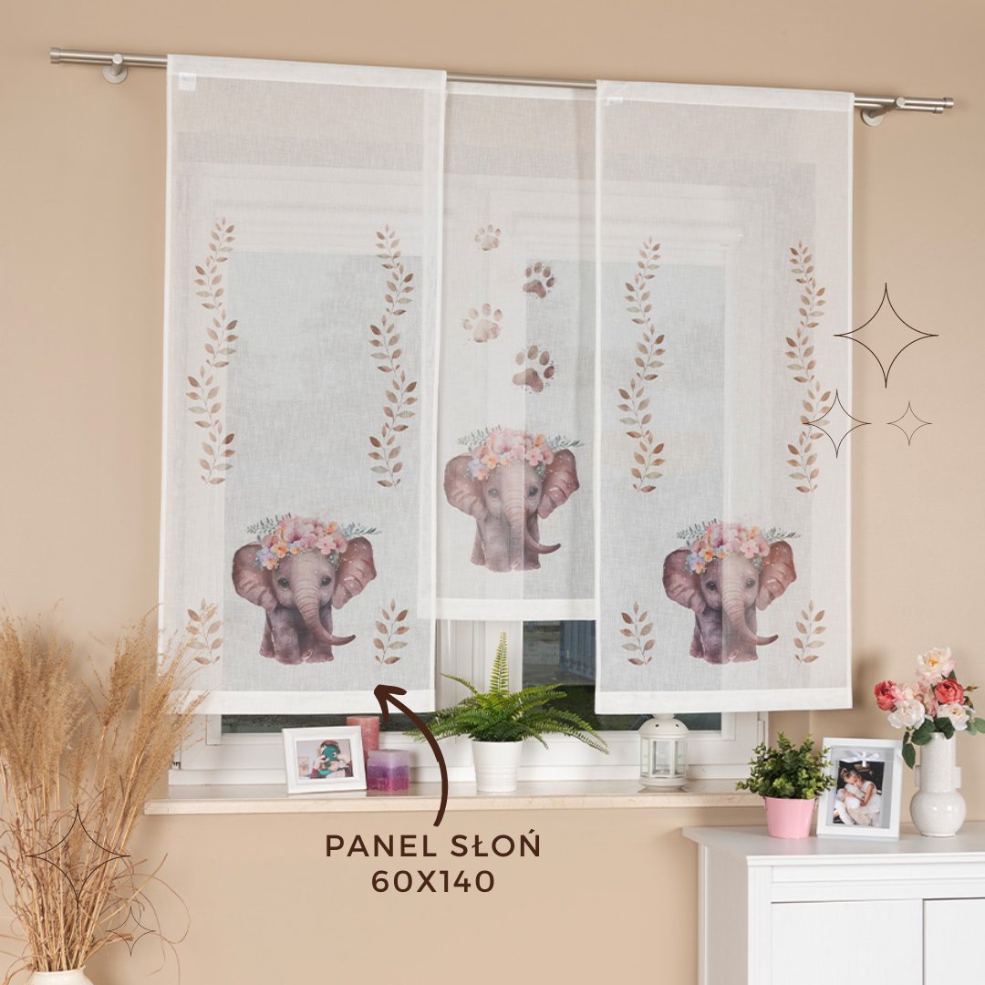 Panel firanowy o strukturze lnu do pokoju dziecięcego z motywem słonia, dostępny w rozmiarze 60x140 cm