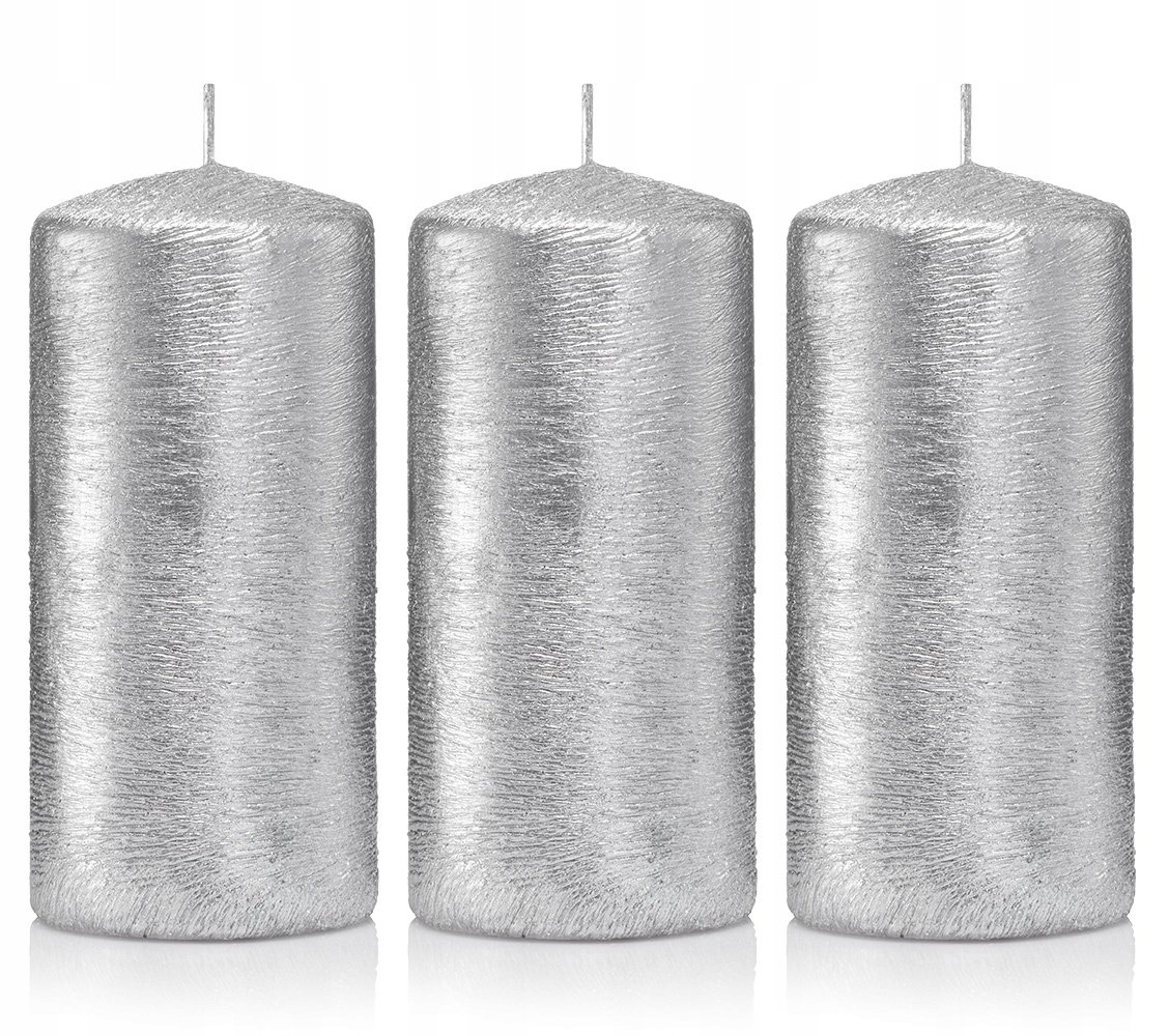 Świece ozdobne srebrne walec kokon 12/6 zestaw 3