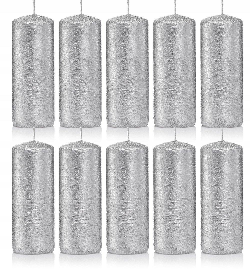 Świece ozdobne srebrne walec kokon 10/4 zestaw 10