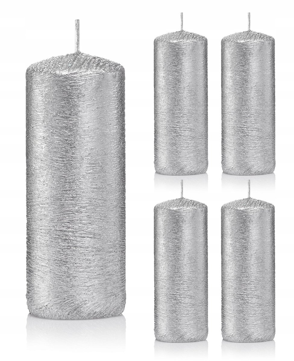 Świece ozdobne srebrne walec kokon 10/4 zestaw 5