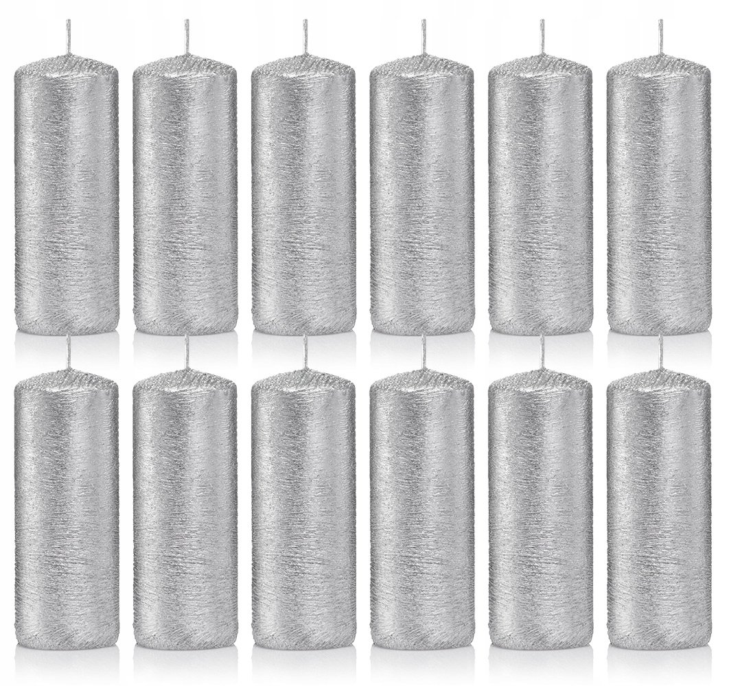 Świece ozdobne srebrne walec kokon 10/4 zestaw 12