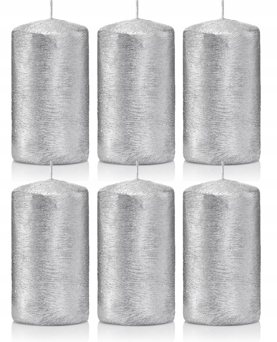 Świece ozdobne srebrne walec kokon 10/6 zestaw 6