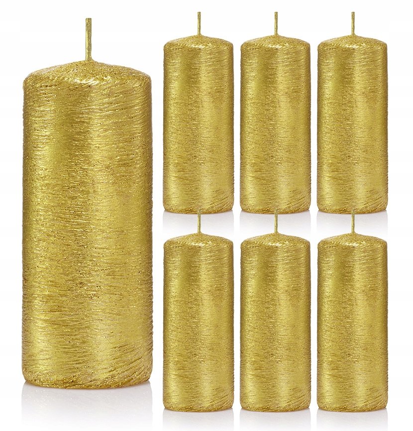 Świece ozdobne złote walec kokon 10/4 zestaw 7 szt