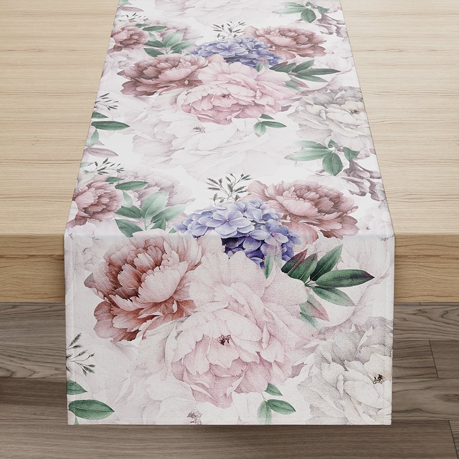 Bieżnik wodoodporny z welwetu w piwonie Peoni, kolor różowy rozmiar 40x160 cm