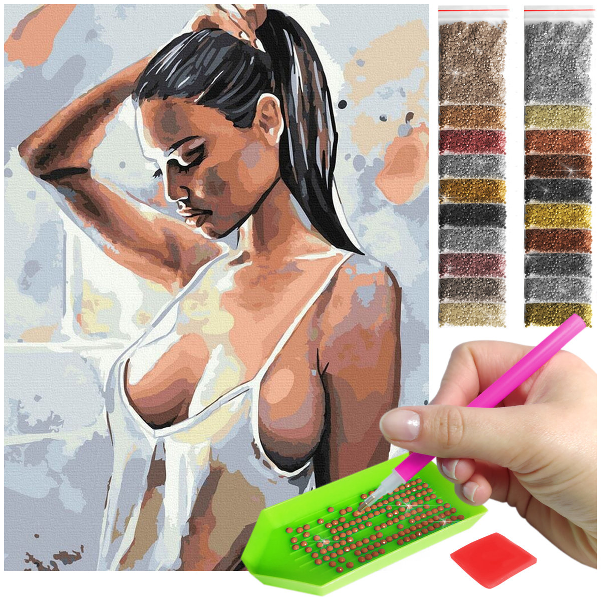 Haft Diamentowy ARTULIO, Obraz DIY 5D, Diamond Painting, Mozaika Diamentowa 30X40cm (Kobieta w białym topie) + Zestaw Akcesoriów