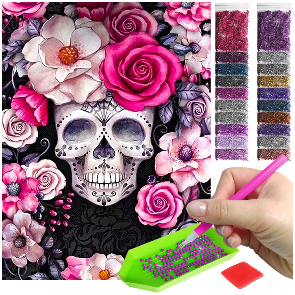 Haft Diamentowy ARTULIO, Obraz DIY 5D, Diamond Painting, Mozaika diamentowa 30x40cm (Czaszka wśród kwiatów) + zestaw akcesoriów