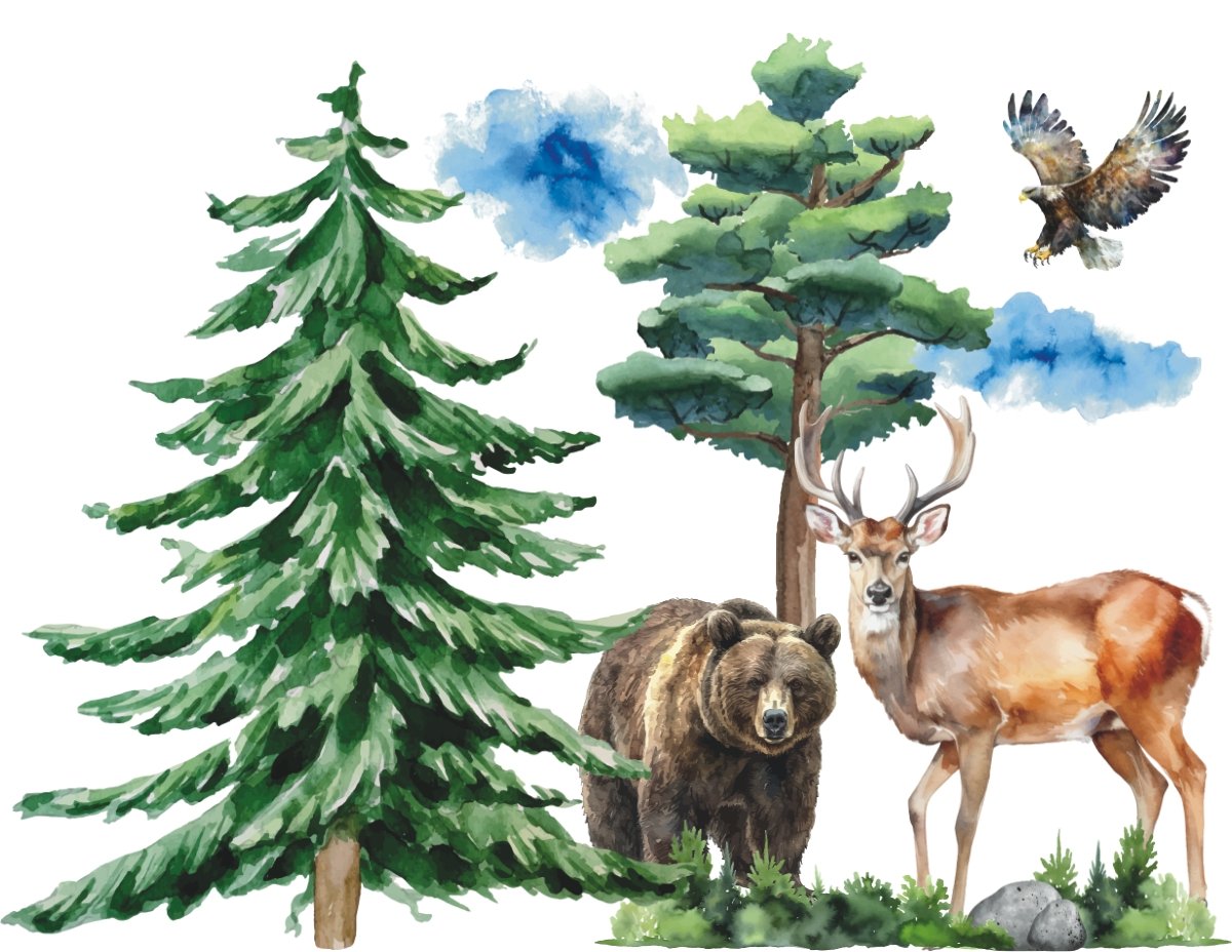 Naklejki na ścianę dla dzieci Leśna Polana akwarela boho wielki zestaw las, 200x160 cm