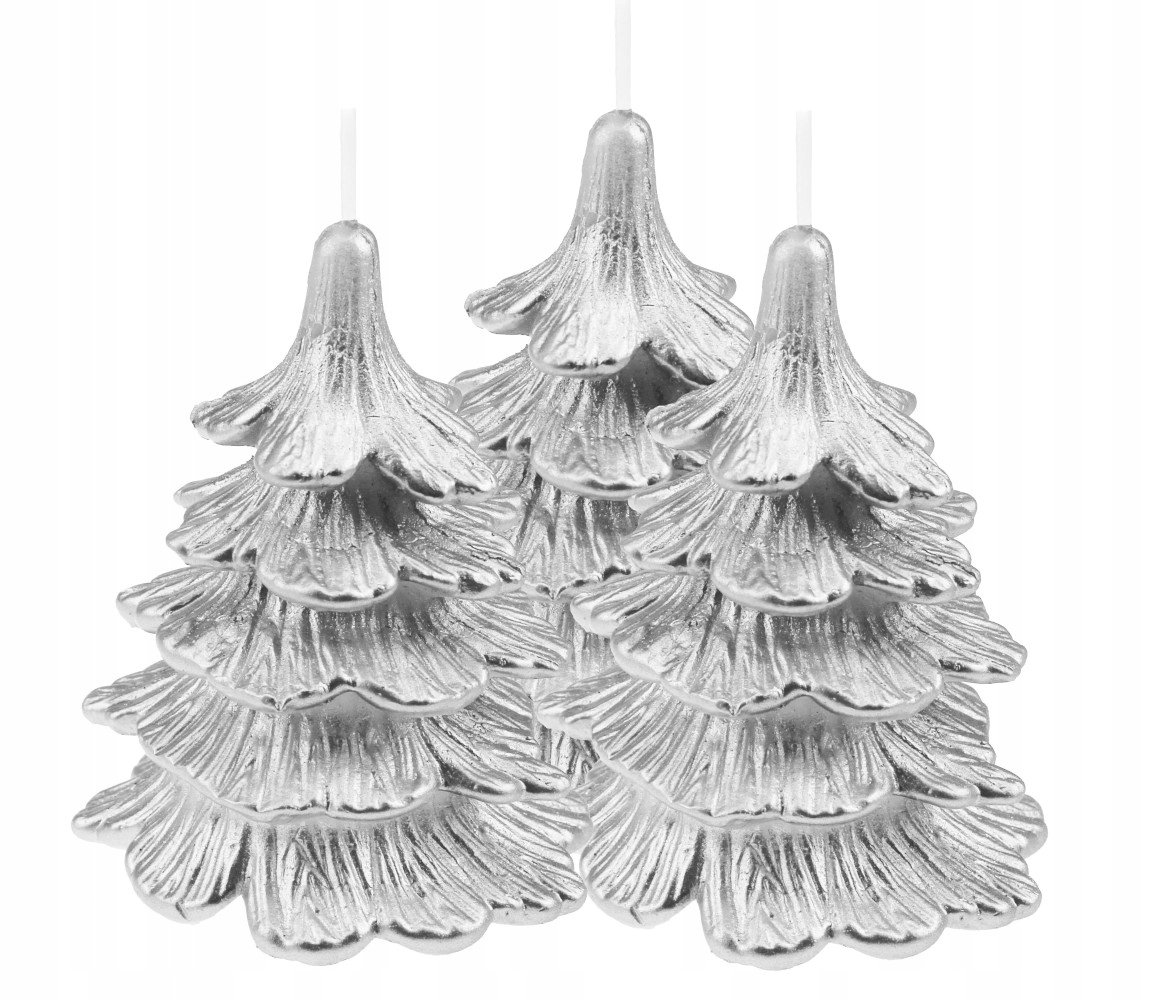 Świece świeczki świąteczne choinki srebrne zestaw3