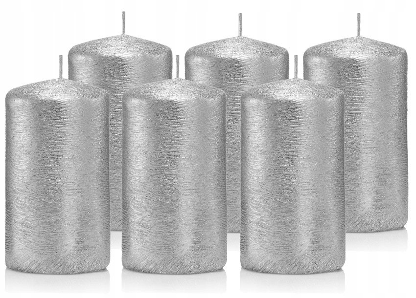 Świeczki ozdobne zestaw 6 świec walec 10/6 srebrne