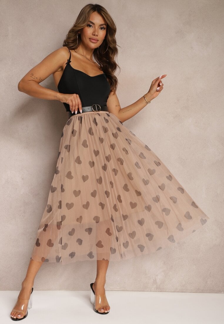 Ciemnobeżowa Tiulowa Rozkloszowana Spódnica Plisowana z Aplikacjami Serc i Gumką w Pasie Missari