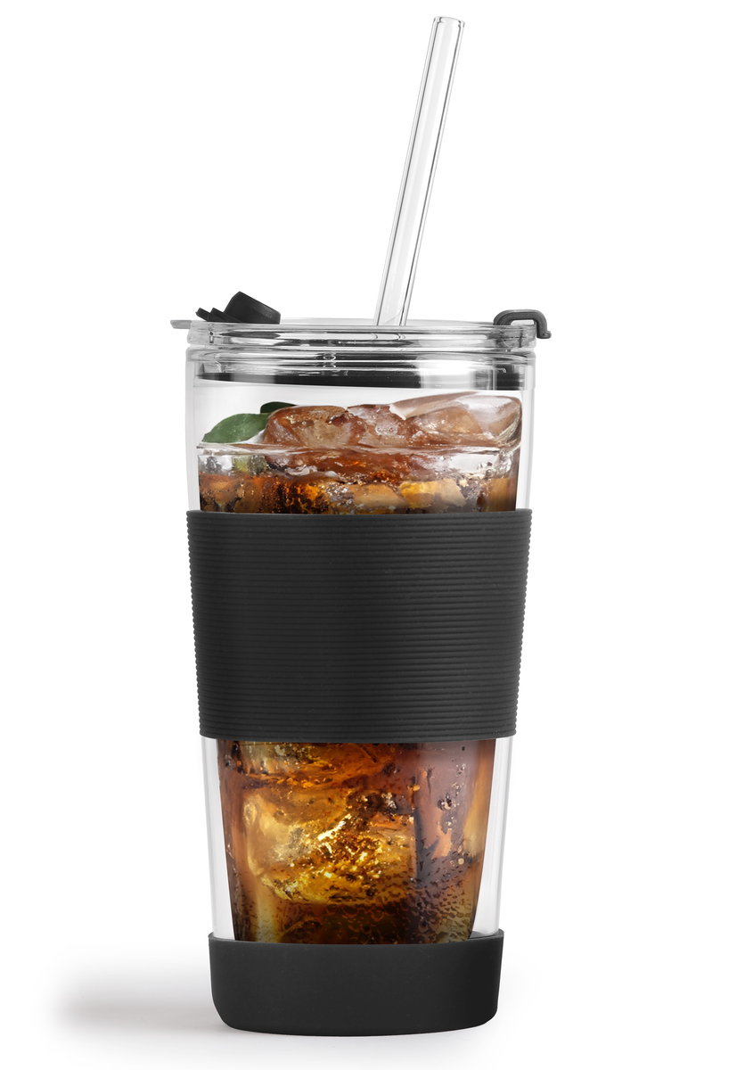 Kubek termiczny szklany ze słomką 600 ml czarny Fuori