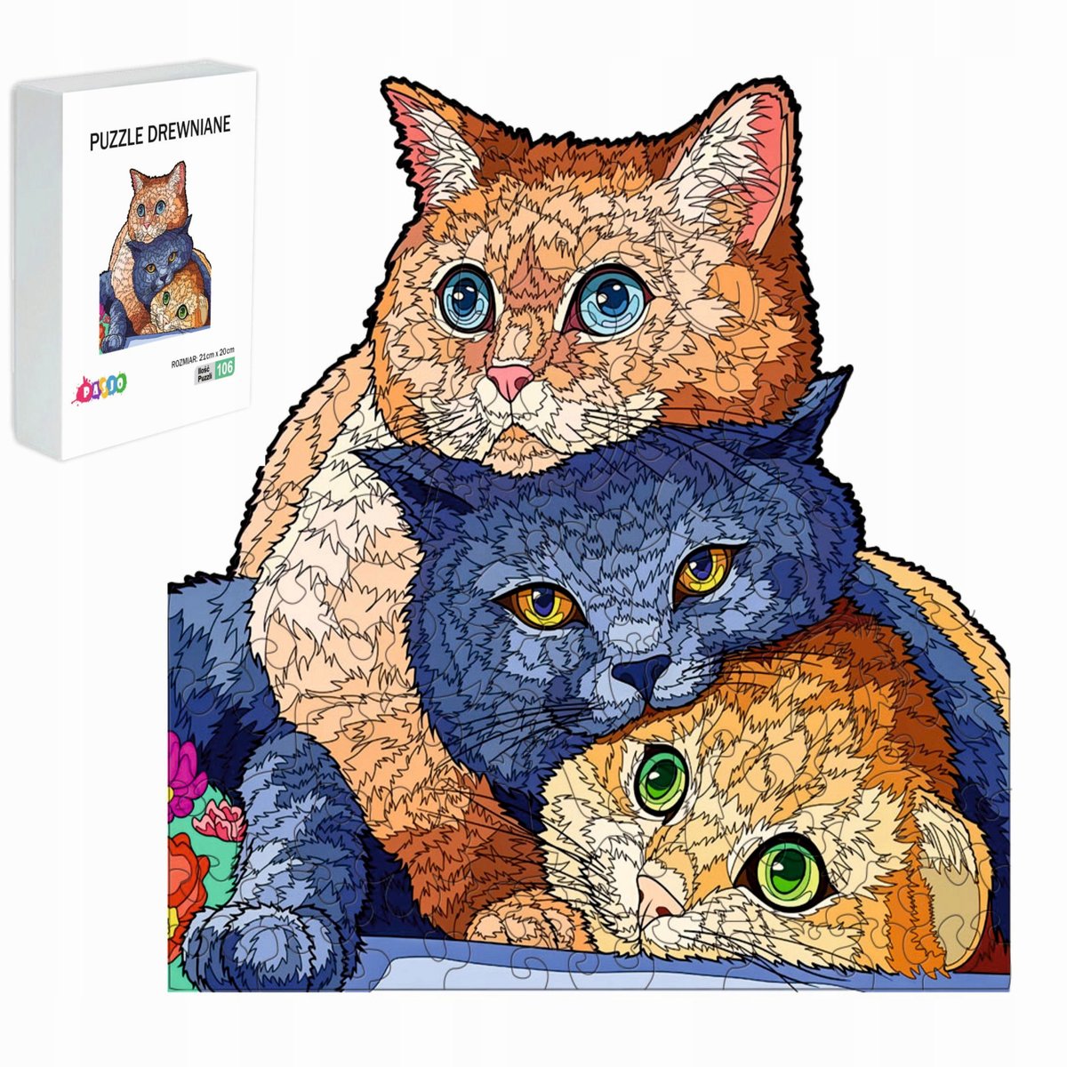 PUZZLE DREWNIANE DLA DZIECI KOTKI TRZY 106 ELEMENTÓW KOT PREZENT DLA DZIECI