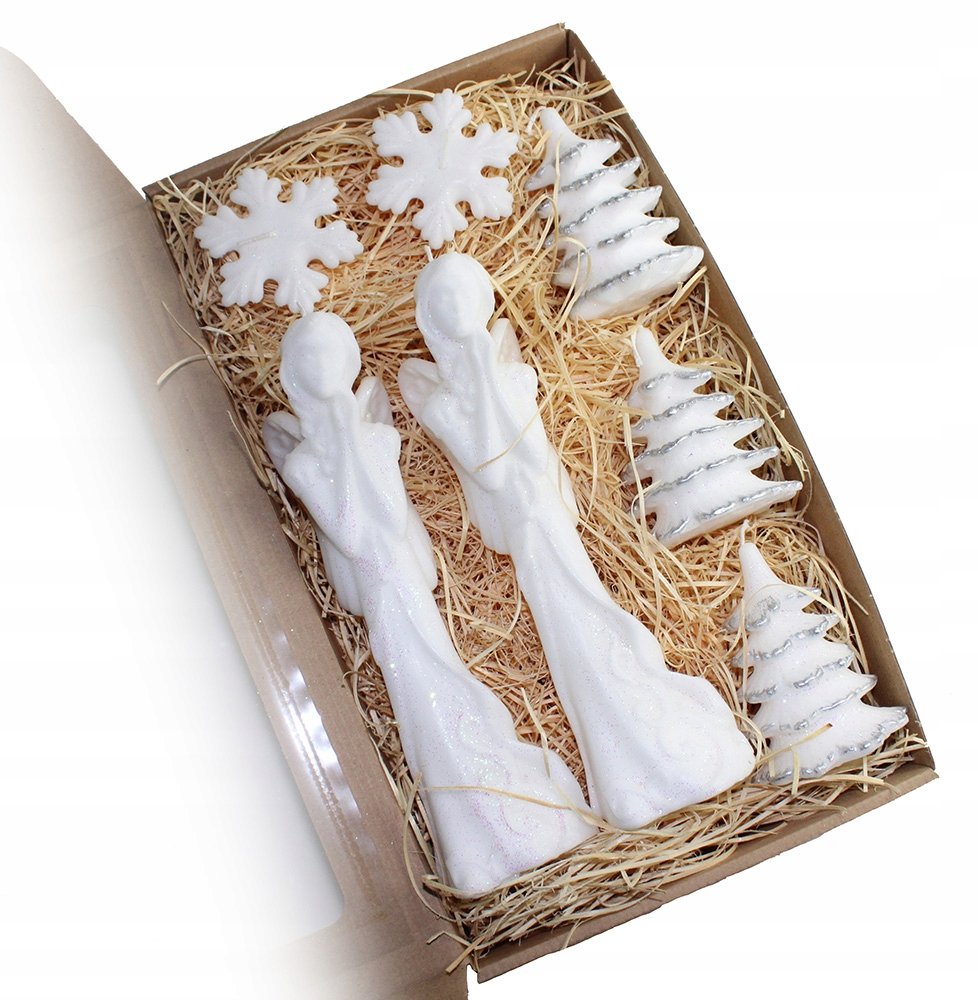 Zestaw świąteczny świece anioły choinki srebrne 11