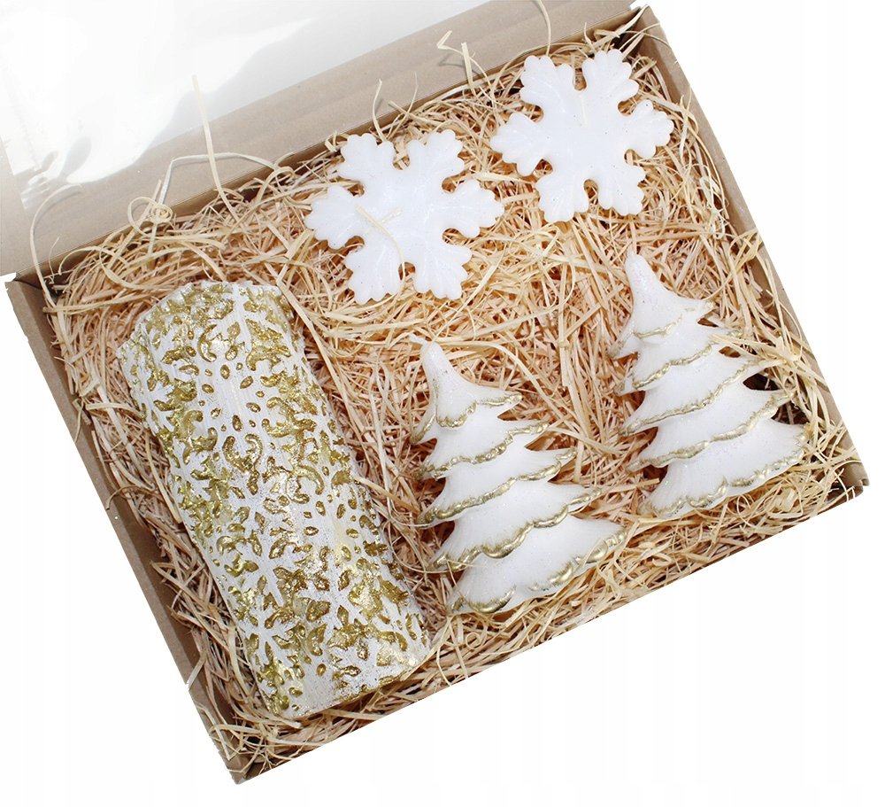 Zestaw prezentowy świece walec płatki choinki złot