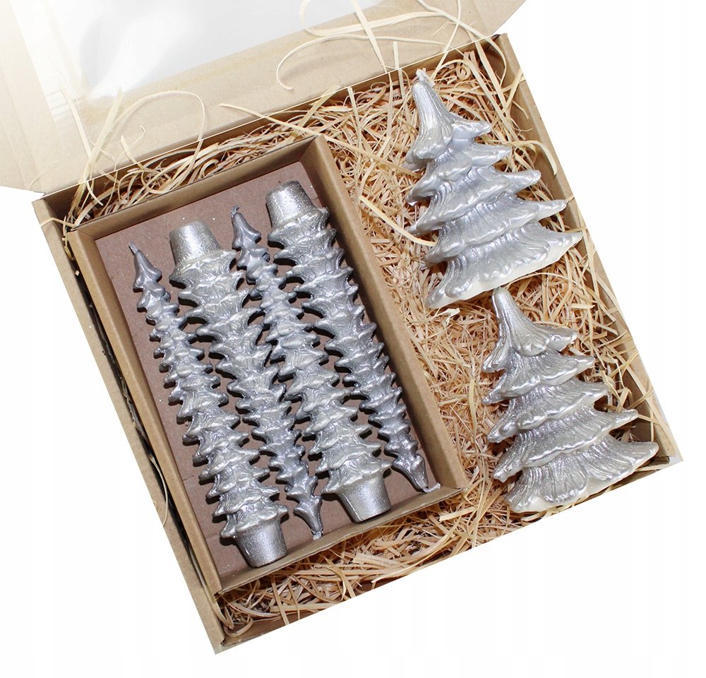 Zestaw prezentowy świece choinki +stroikowe srebrn