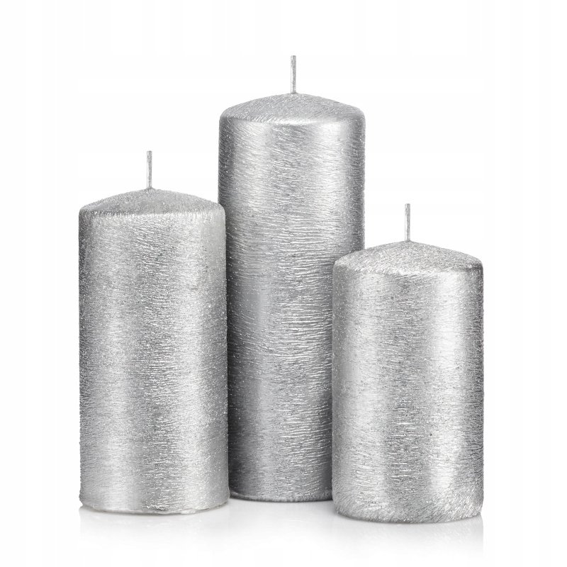 ZESTAW ŚWIEC OZDOBNYCH SREBRNE 3szt. - KOKON WALEC