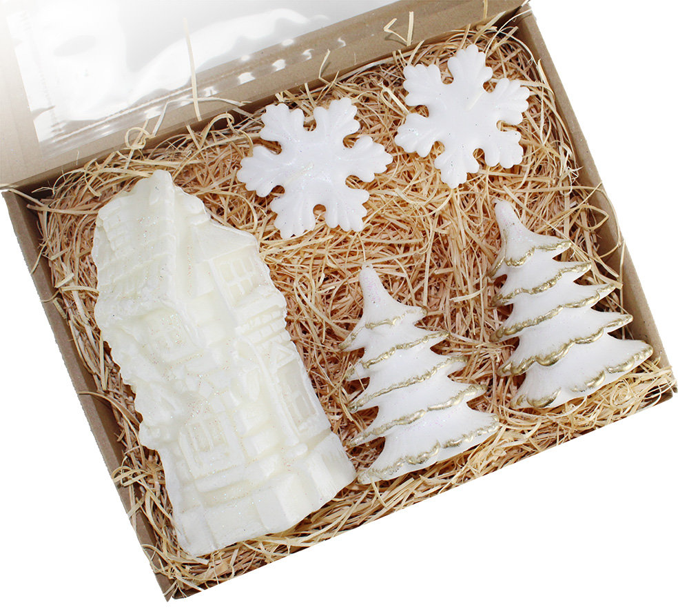 Zestaw świąteczny świece kamienica choinki złoty