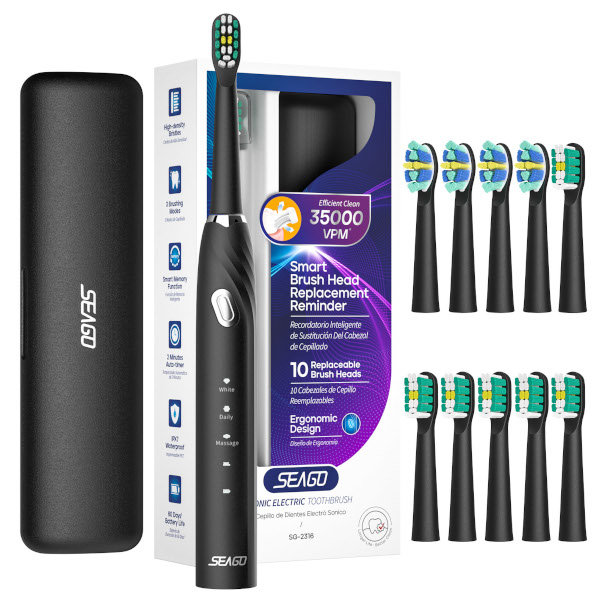 Seago soniczna szczoteczka do zębów SG-2316 czarna ,10 końcówek + etui
