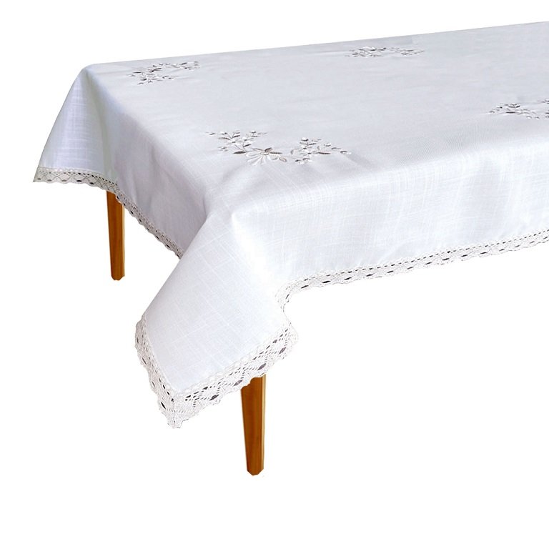 Obrus haftowany 052 biały 110x160 beżowe kwiaty
