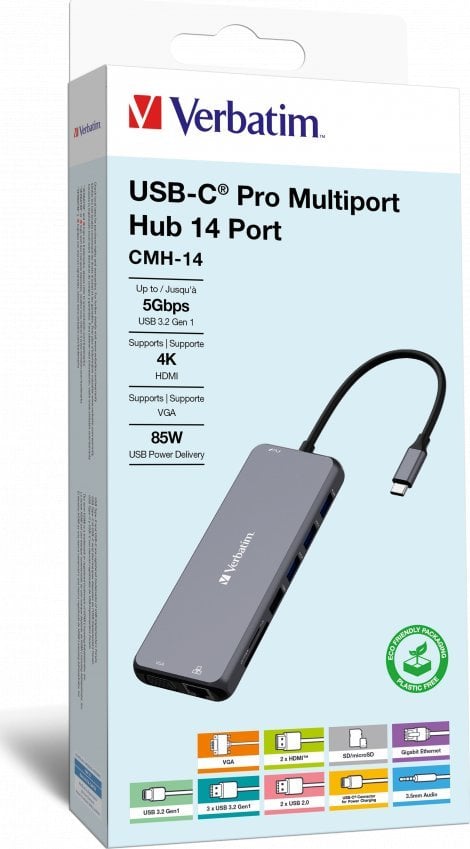 HUB USB Verbatim USB 3.2 hub 14-port, 32154, szary, długość przewodu 15cm, Verbatim, 2x USB C, 5x USB A, 2x HDMI, czytnik SD/micro SD
