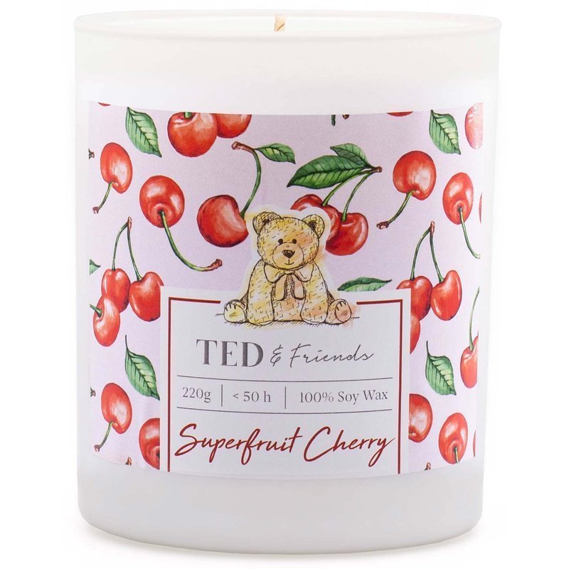 Ted & Friends sojowa świeca zapachowa w białym szkle 220 g - Superfruit Cherry