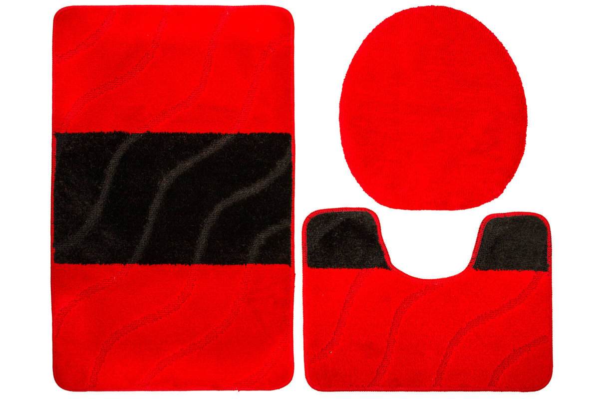 Komplet 3-częściowy Łazienkowy Fiori Red Czerwony Czarny Pasy Fale-KOMPLET