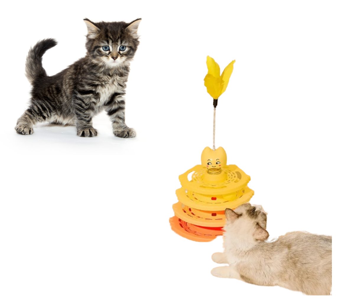 Zabawka dla kota obrotowa wieża z piłeczkami i piórkiem pomarańczowo-żółta