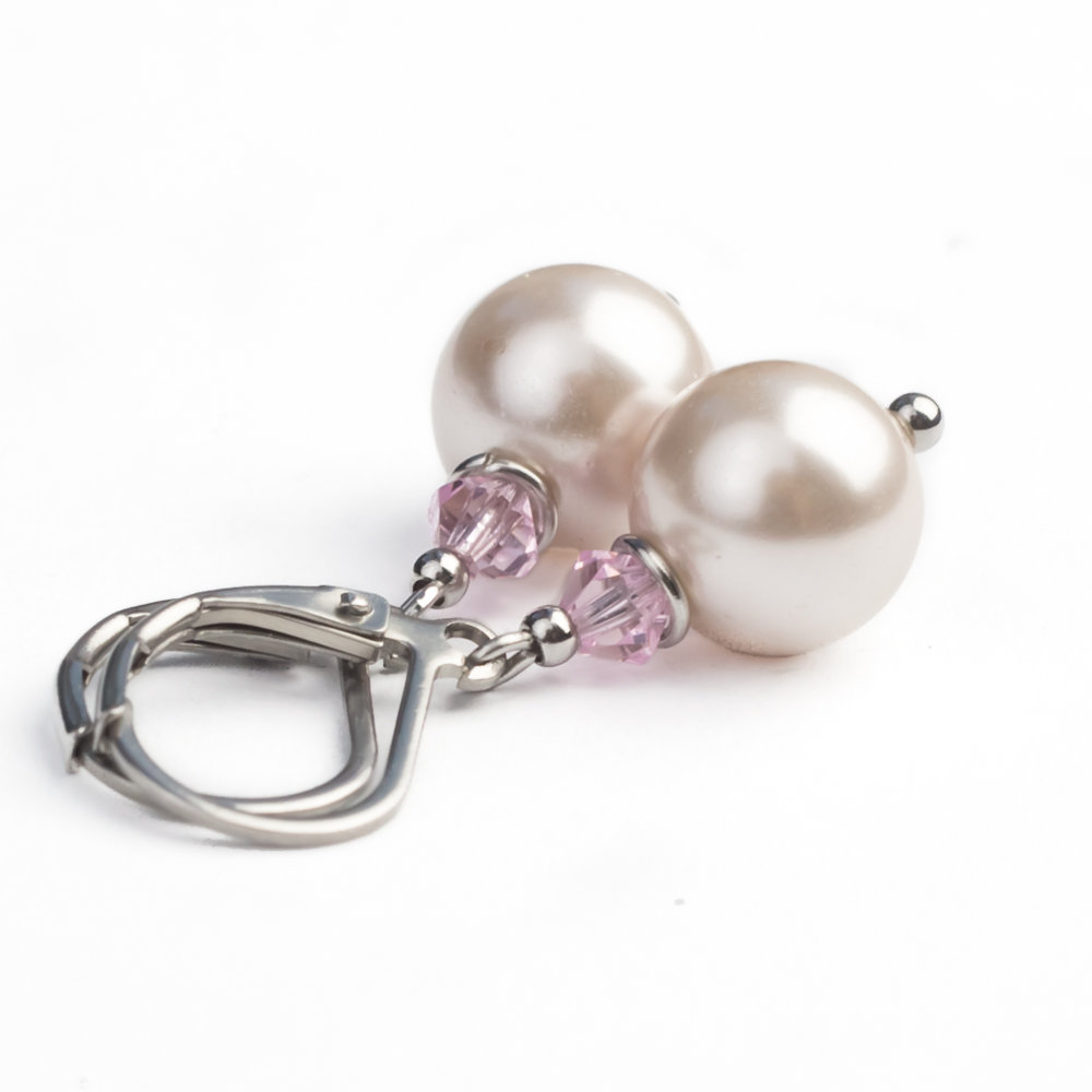 Kolczyki perły seashell ecru z kryształkami Swarovski, stal chirurgiczna / JG. Projekt