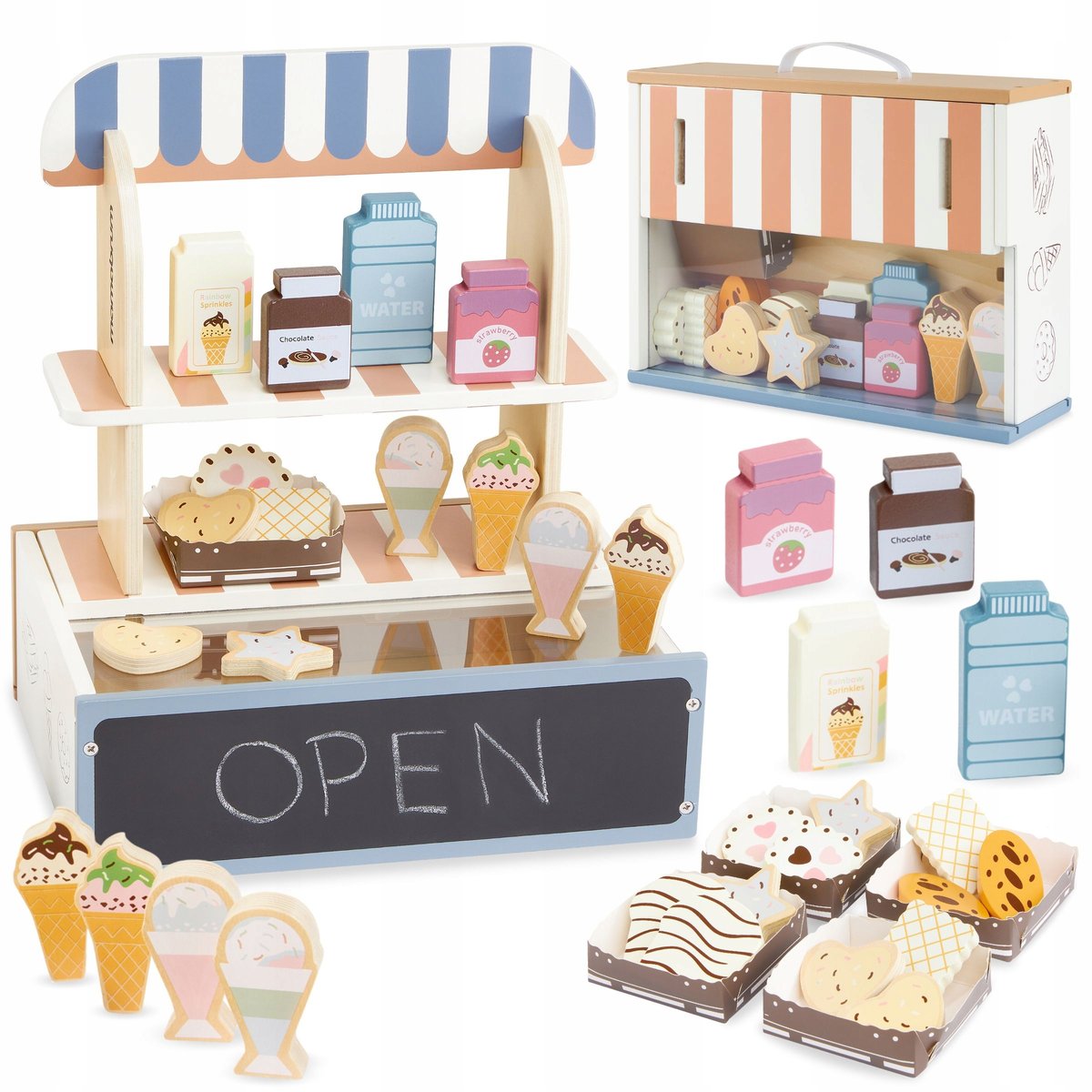 Składany sklepik drewniany - sklep kawiarnia, cukiernia z akcesoriami 24el.