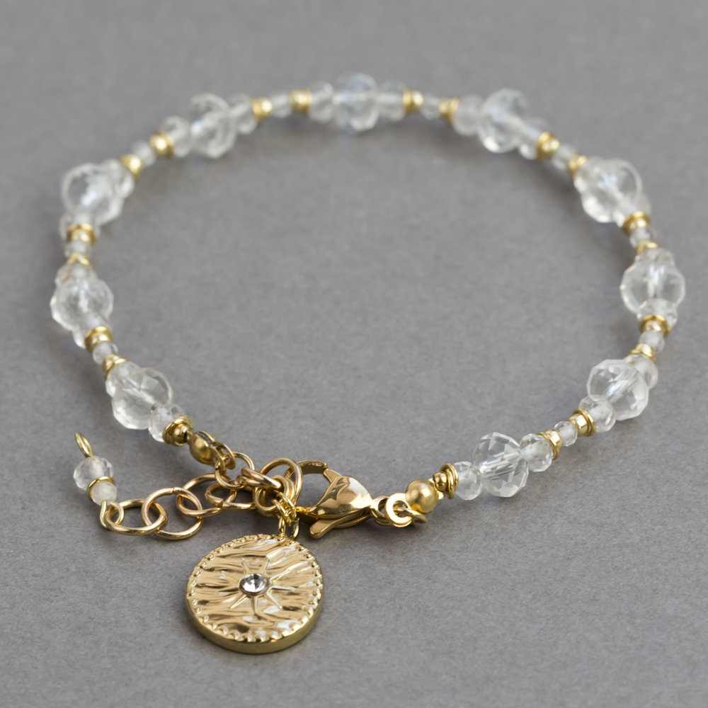 Bransoletka kryształ górski stal chirurgiczna pozłacana, z zawieszką / JG. Projekt