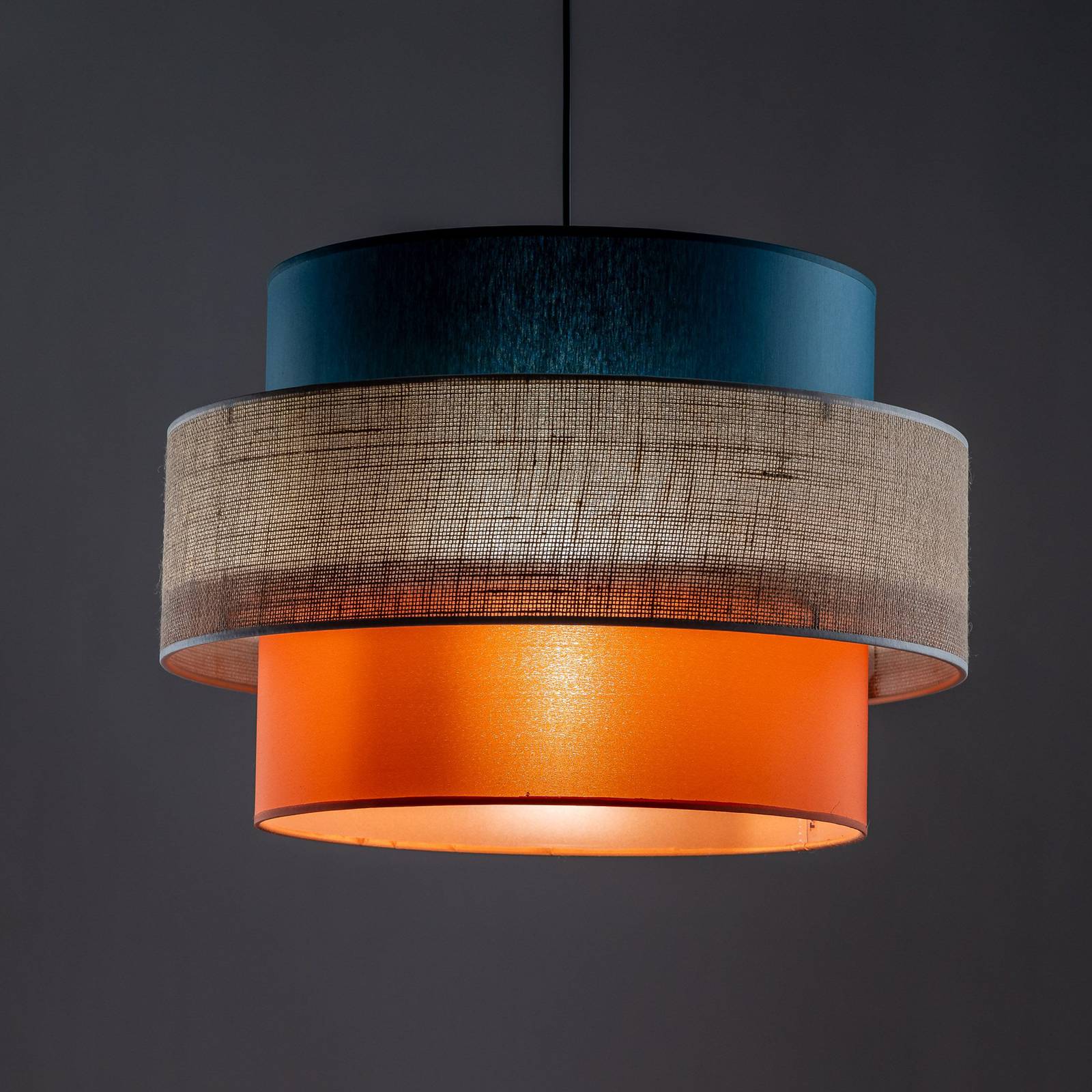 TK Lighting Lampa żyrandol Trio, klosz z juty, petrol/naturalny brąz/pomarańcz Ø 50cm