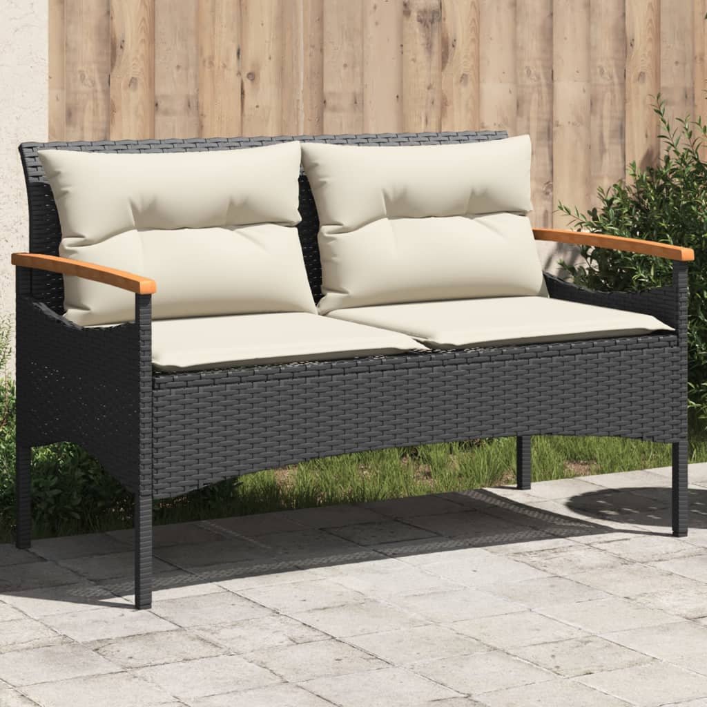 vidaXL Ławka ogrodowa z poduszkami, 116x62,5x74 cm, czarna, polirattan