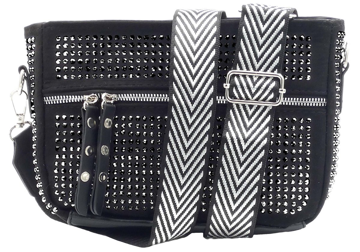 DAMSKA SASZETKA NERKA BAG NA RAMIĘ CYRKONIE PASEK CZARNA GLAMOUR