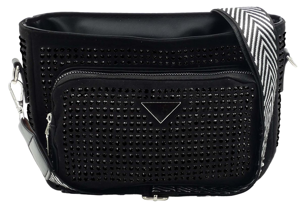 DAMSKA SASZETKA NERKA BAG NA RAMIĘ DWIE KOMORY CYRKONIE PASEK CZARNA GLAMOUR
