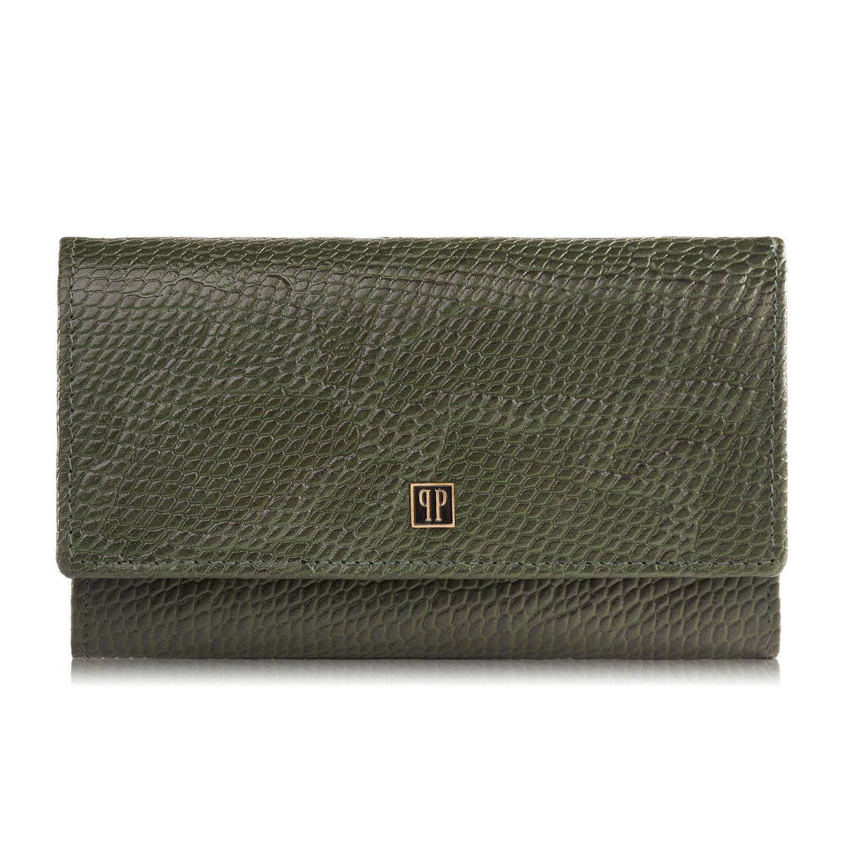 PORTFEL DAMSKI SKÓRZANY Z IMITACJĄ WĘŻOWEJ SKÓRY ZIELONY DUŻY Z OCHRONĄ RFID T-09-GR