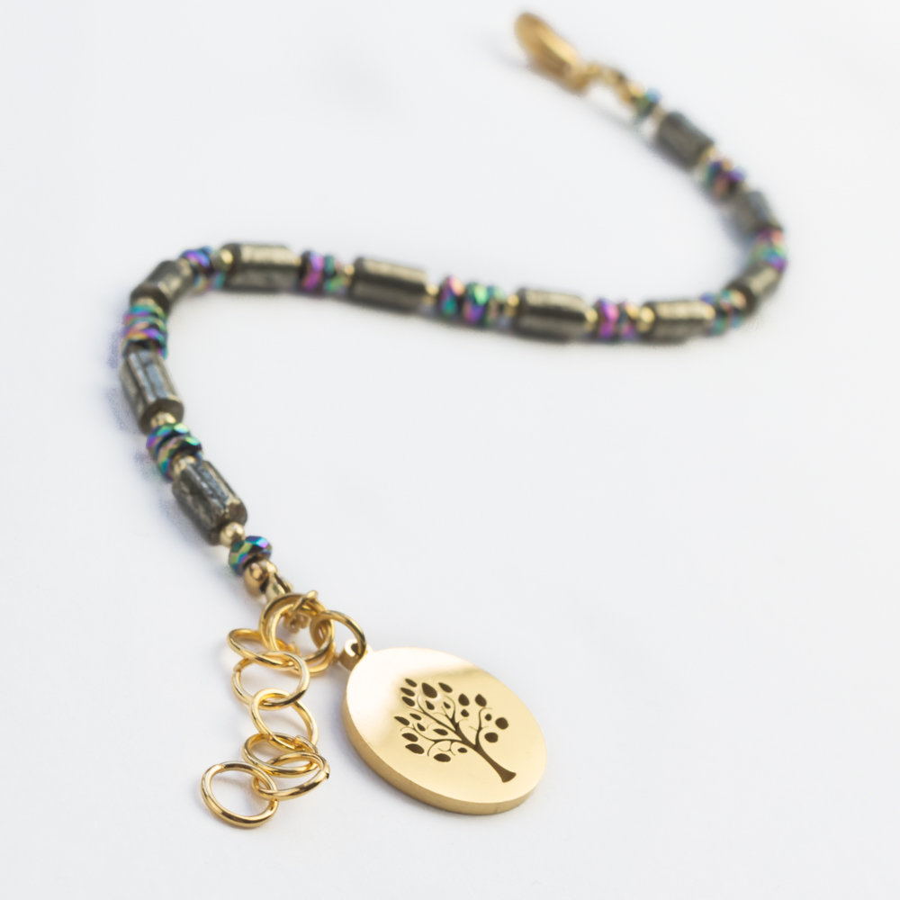 Bransoletka piryt, hematyt stal chirurgiczna pozłacana zawieszka drzewo / JG. Projekt