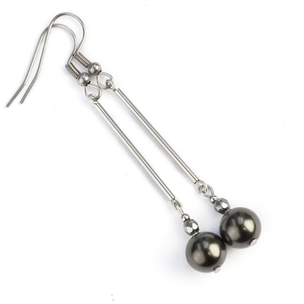 Kolczyki perły seashell grafit, stal chirurgiczna. długie, wiszące / JG. Projekt