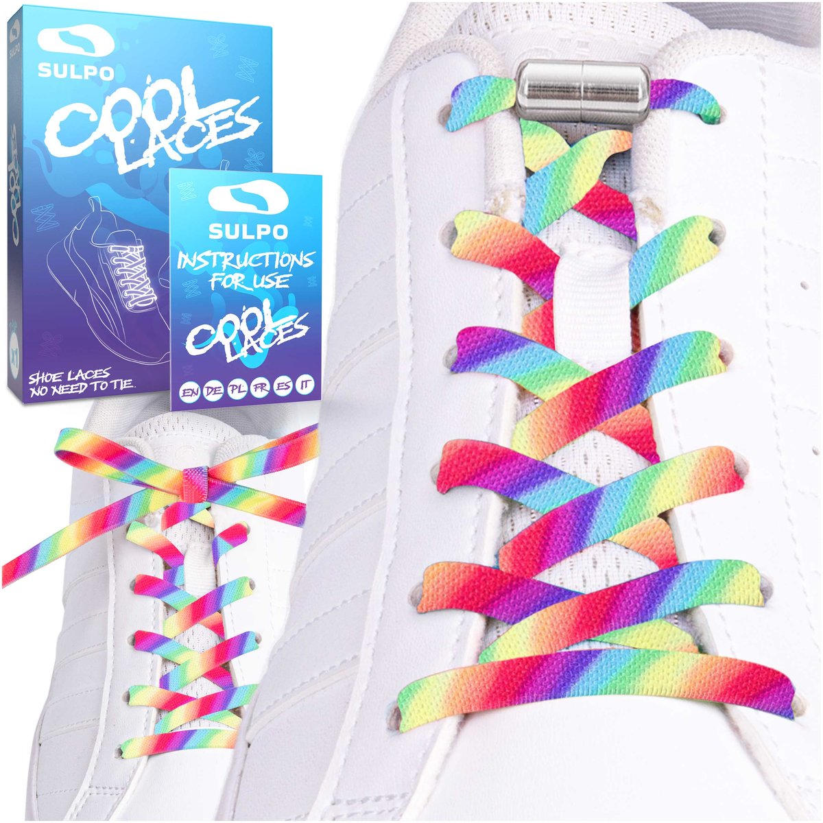 Sznurówki bez wiązania elastyczne z zapinkami tęczowe