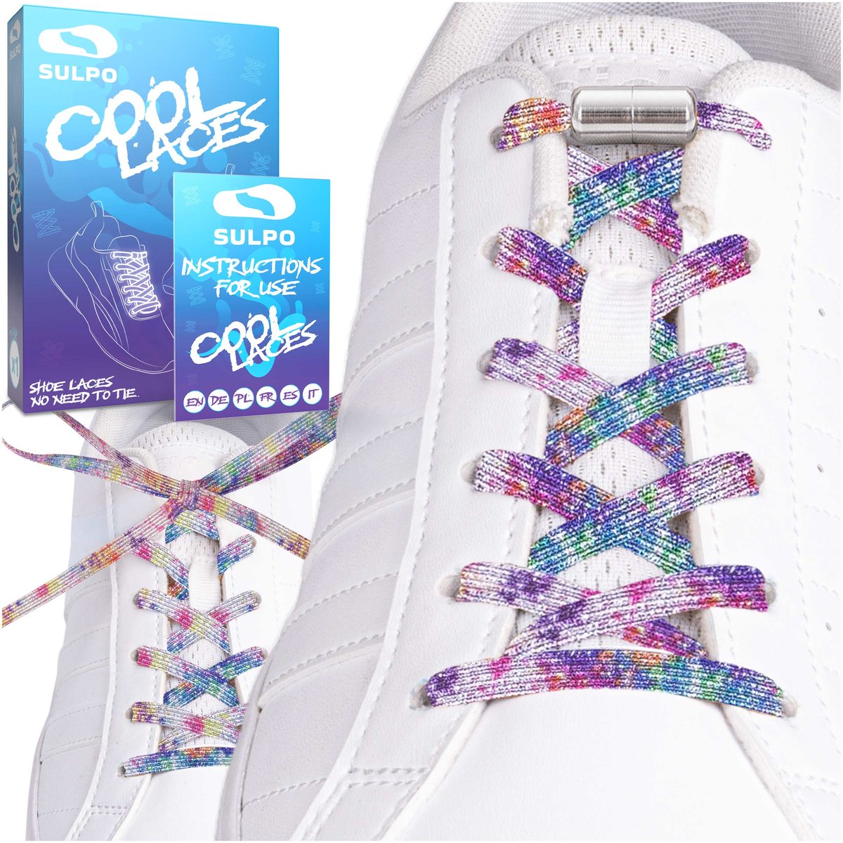 Sznurowadła elastyczne bez wiązania z zapinkami wielokolorowy z brokatem